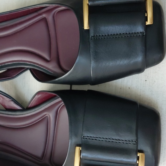 Franco Sarto Tracy Square Toe Slingback Black Flat Leather Shoe With Gold Buckle - Picture 3 of 6